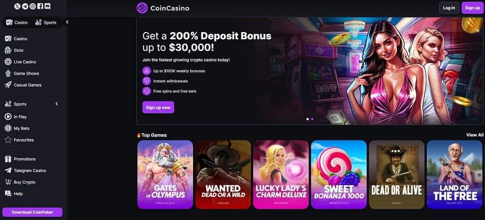 Screenshot of CoinCasino showcasing a 200% deposit bonus up to $30,000 and a 'Top Games' section with Gates of Olympus.