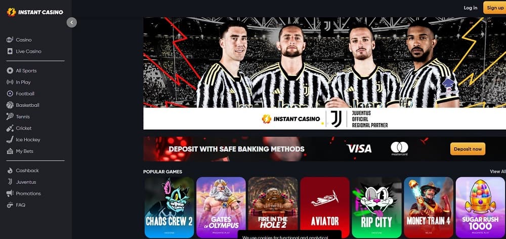 Screenshot of Instant Casino homepage with Juventus football partnership banner and a selection of casino games like Chaos Crew 2.