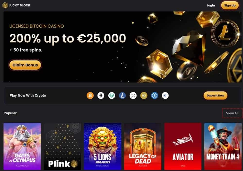 Promotional banner for Lucky Block, a licensed Bitcoin casino, showcasing a bonus offer of '200% up to €25,000 + 50 free spins.'