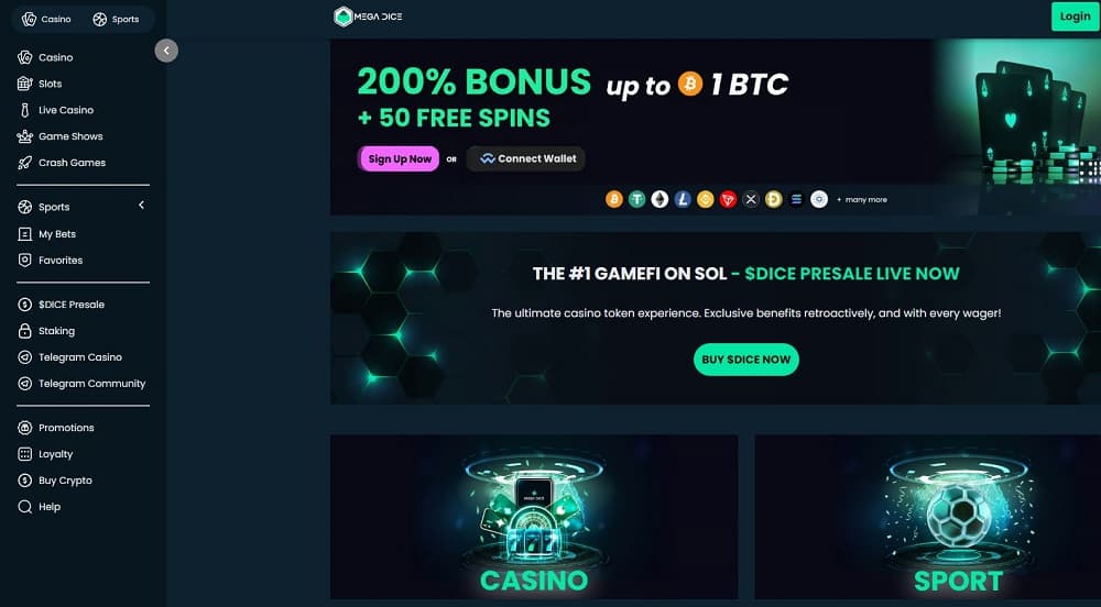 A screenshot of the Mega Dice online casino platform featuring a promotional banner for a 200% bonus, navigation options for casino games and sports betting, and a futuristic design highlighting cryptocurrency integration.