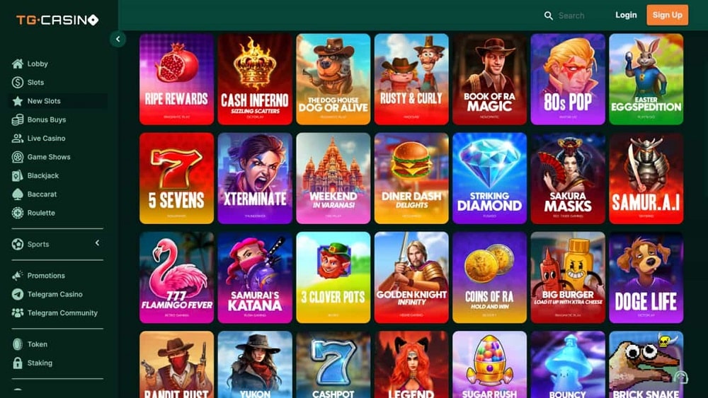A colorful and engaging homepage of TG Casino, showcasing various slot games with eye-catching icons and a navigation menu for different gaming options.